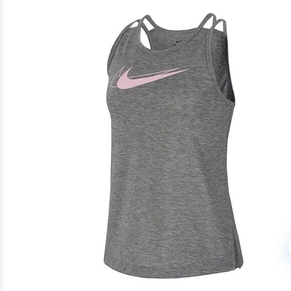 Nike Girls' Trophy Training Tank Top Medium Grey with Baby Pink Swoosh - Picture 1 of 13